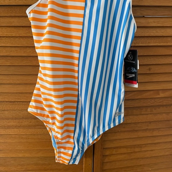Speedo Girls Blue and Orange Stripe Blocked One Piece Swimsuit Sz 14 NWT - Picture 3 of 8